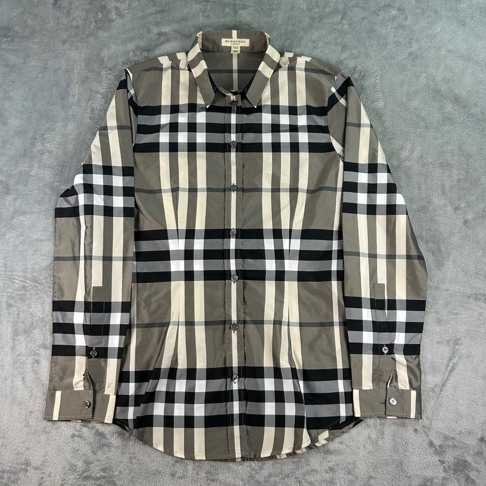 Burberry London Womens Nova Check Button Down Shirt Grey Black White Size 6